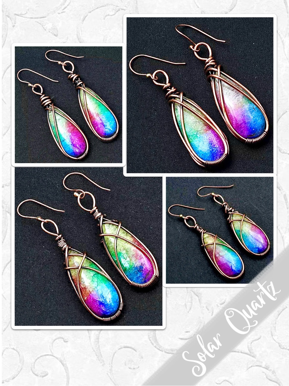 Rainbow Solar Quartz Copper Drop Dangle Earrings, Blue, Green, Yellow, Red, Pink